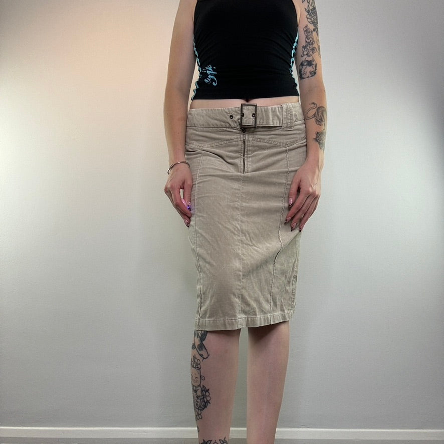 Y2K buckle zip front midi skirt