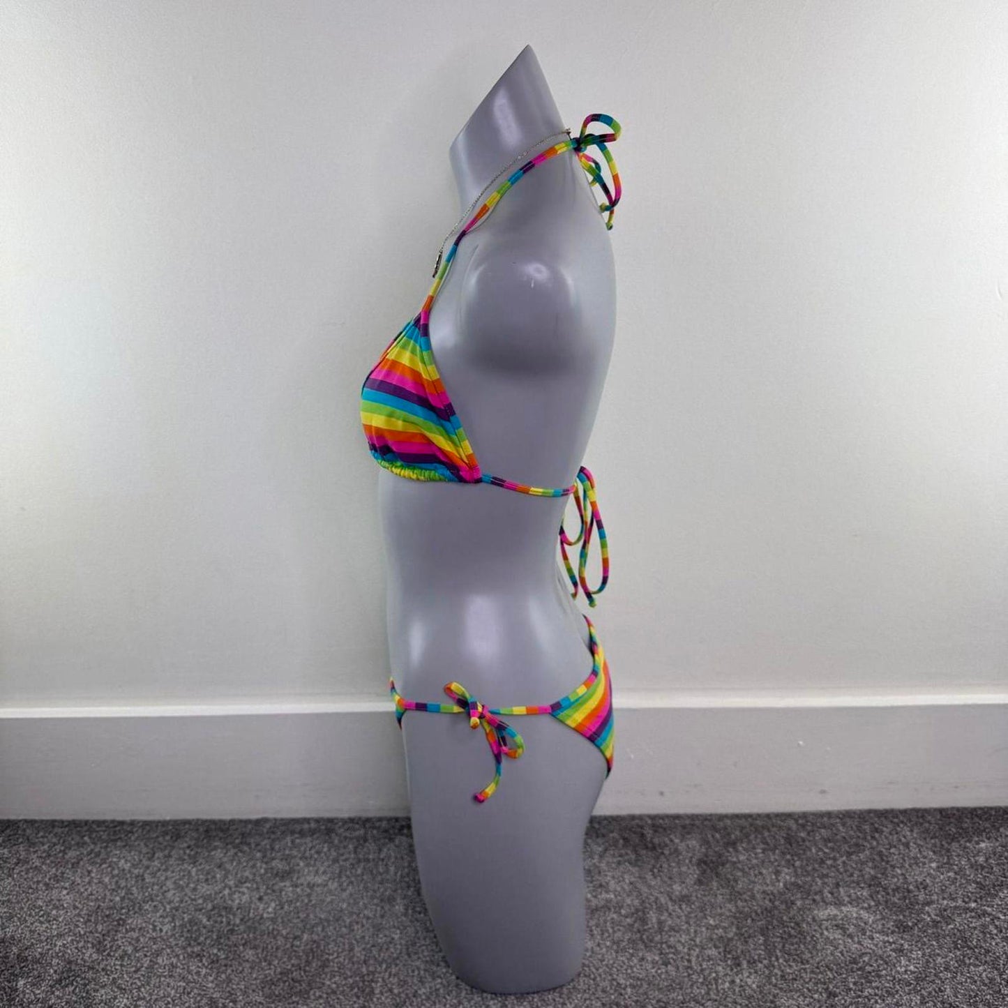 Rainbow stripe halter neck matching bikini set rainbow multi tie bow