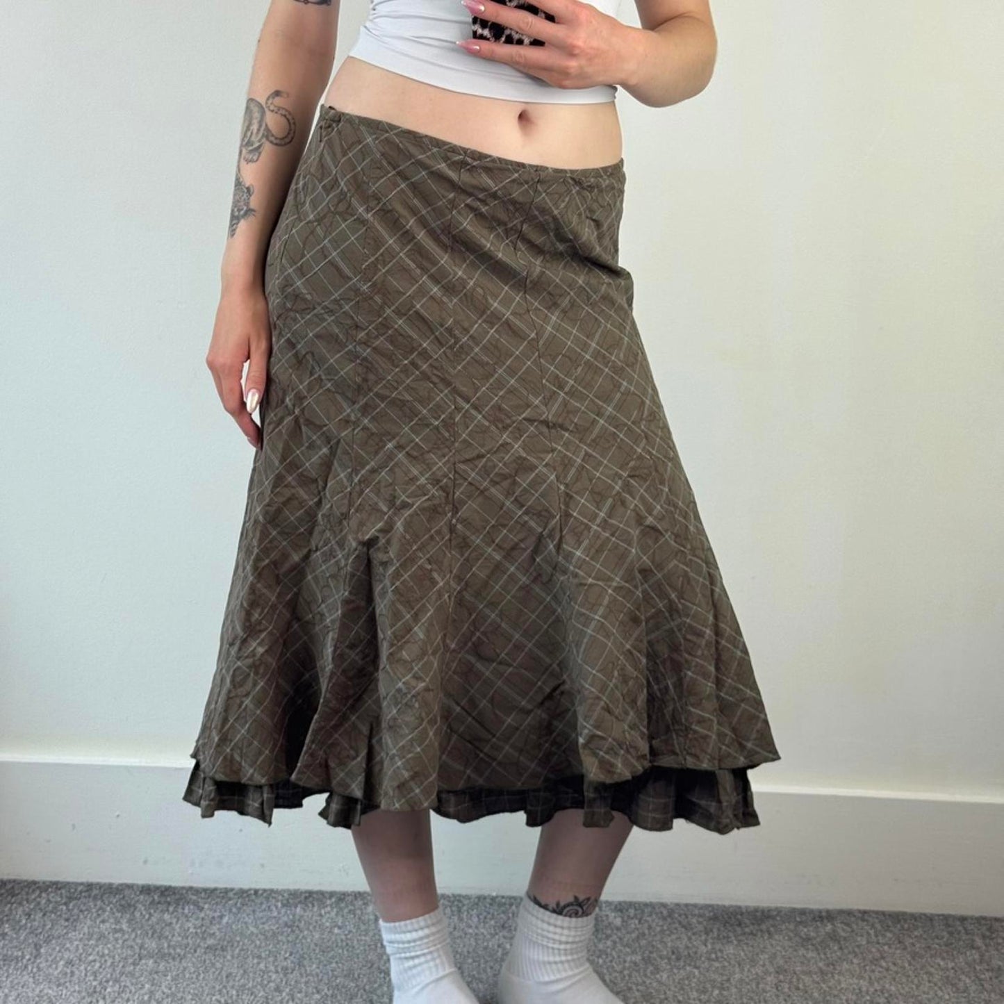 Y2K vintage tartan frill midi skirt ruffle a line khaki blue floral embroidery