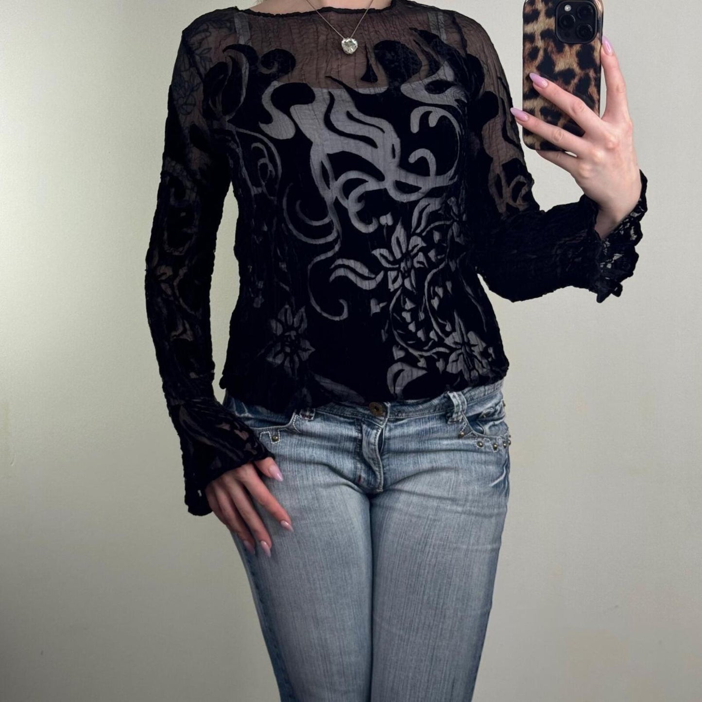 Y2K vintage long flare sleeve top sheer floral pattern black velvet crinkle
