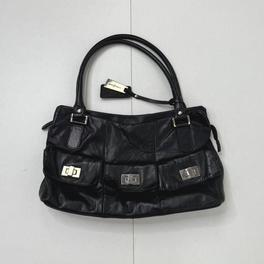 Y2K vintage shoulder bag genuine leather black silver cargo pockets utility