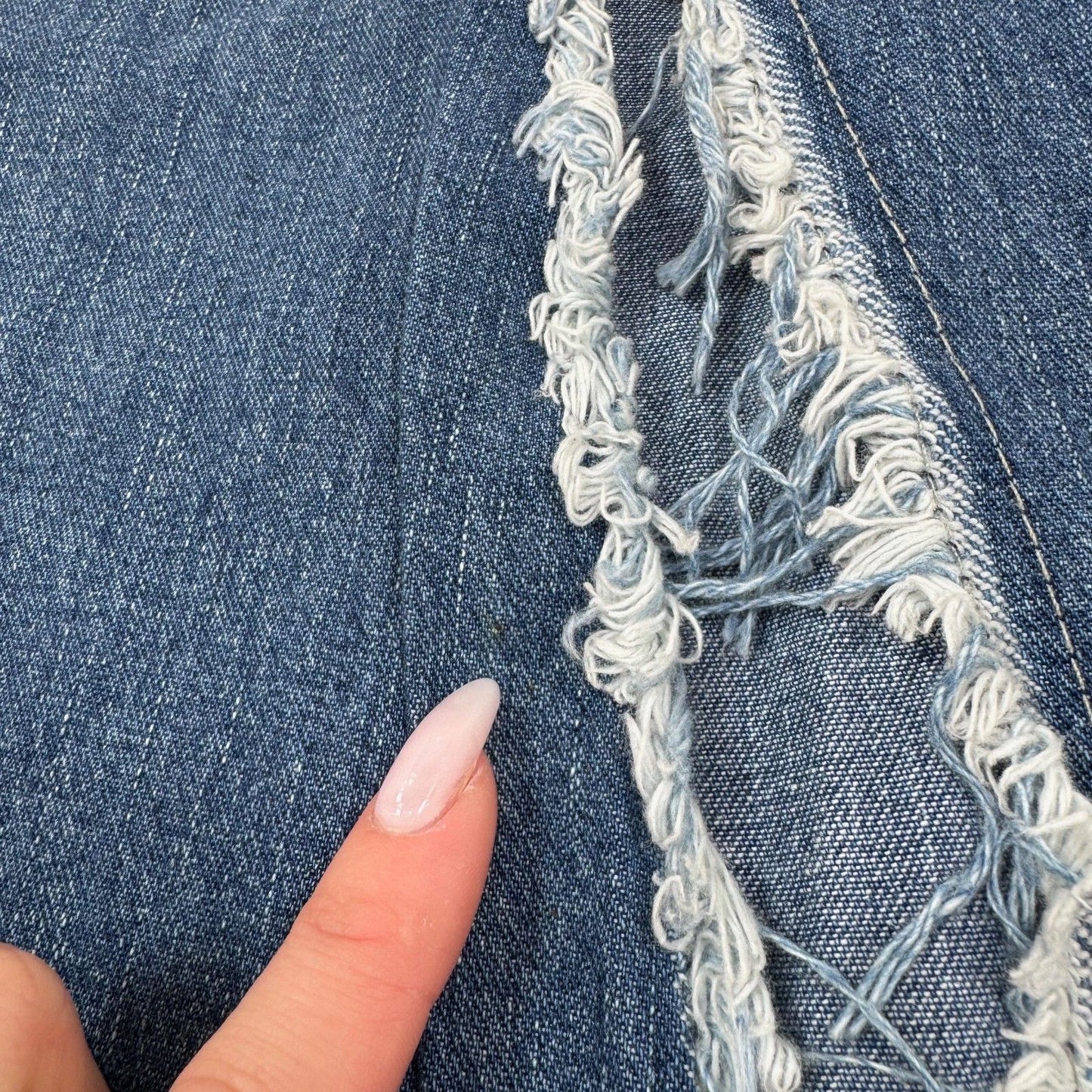 Y2K vintage denim maxi skirt a line fraying hem mid blue wash high slit long