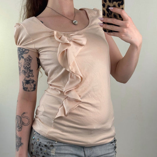 Y2K vintage t-shirt short sleeve top bow ruffle cap sleepve scoop neck beige