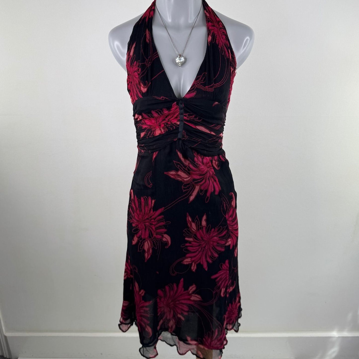 Vintage Karen Millen 100% silk midi dress halter neck floral occasion y2k 2000s