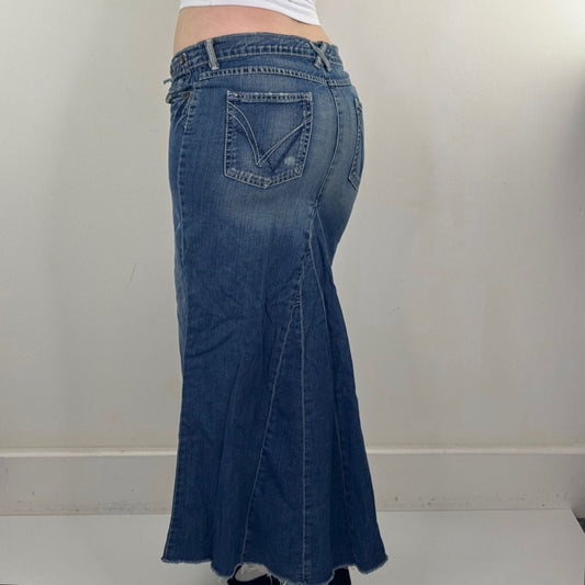 Y2K vintage denim maxi skirt faded blue wash a line distressed fishtail fitted