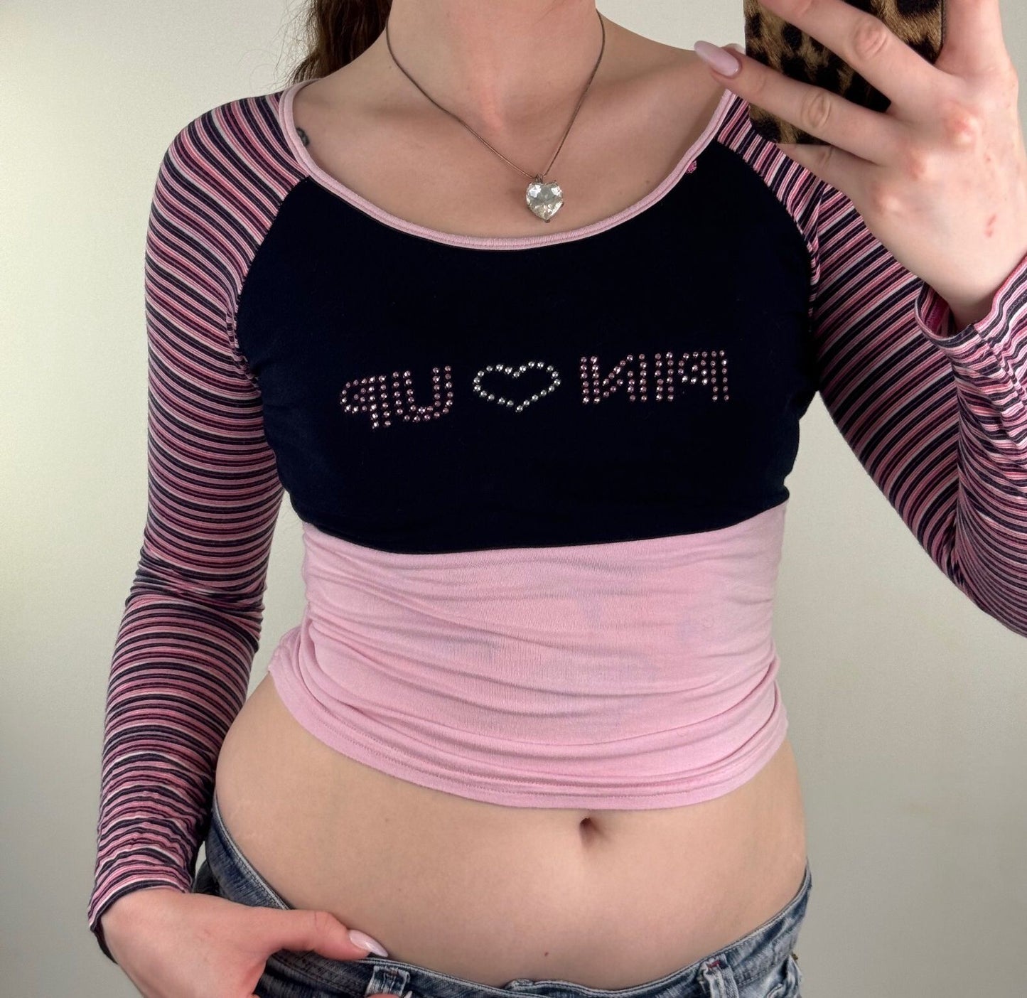 Y2K vintage long sleeve top pin up studs stripe lace up back fitted baby pink