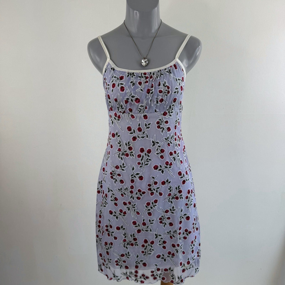 Y2K vintage mini dress floral rose pattern mesh overlay ruched bust stretchy