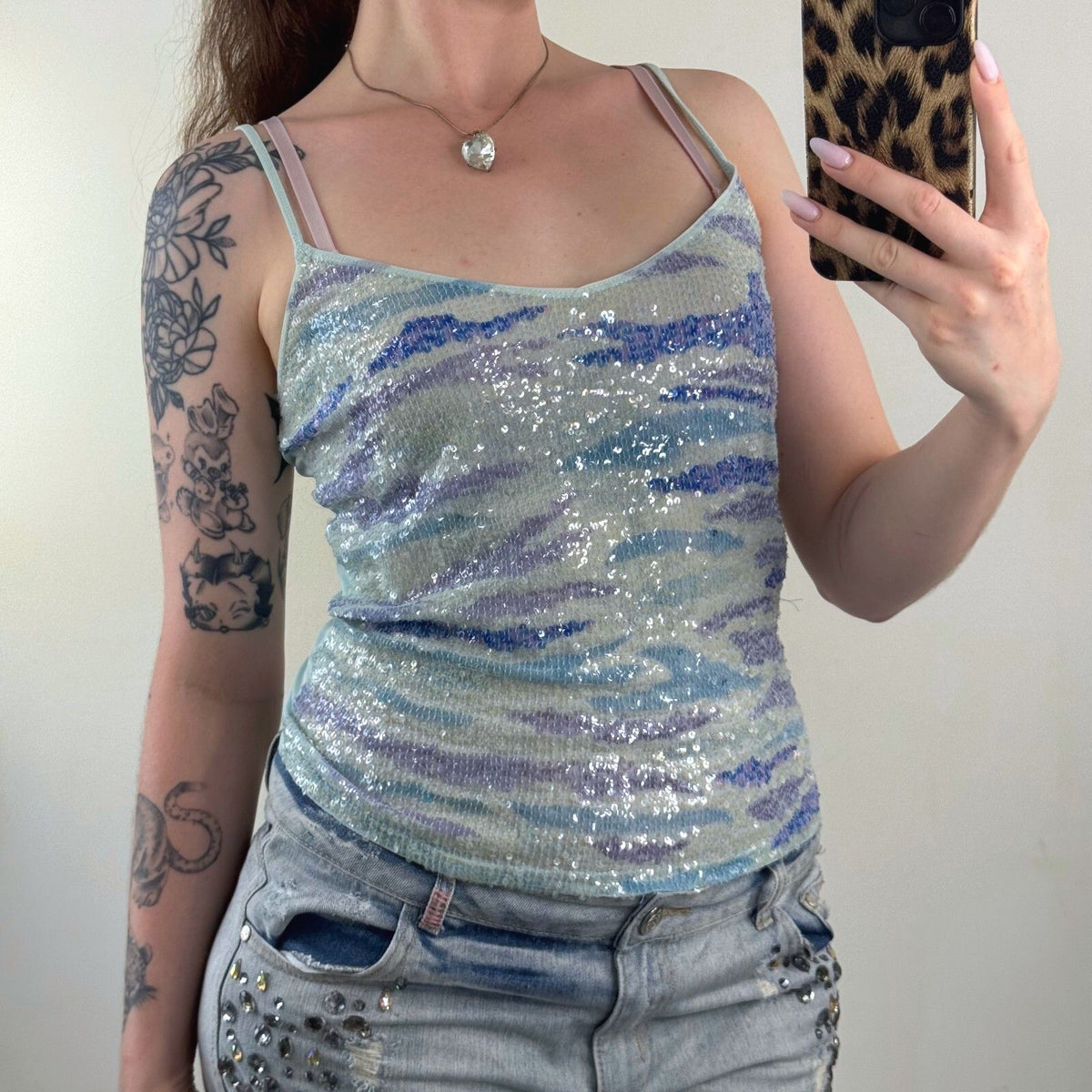 Y2K vintage cami top sequin tiger pattern mesh embellished party going out blue