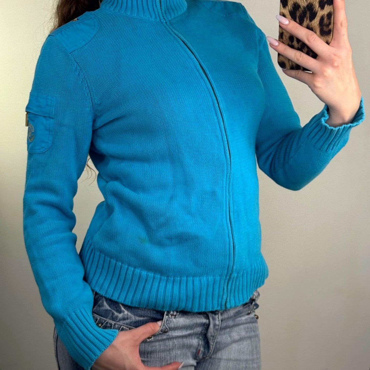Y2K vintage Lauren Ralph Lauren zip up jumper knit cargo pocket high neck blue
