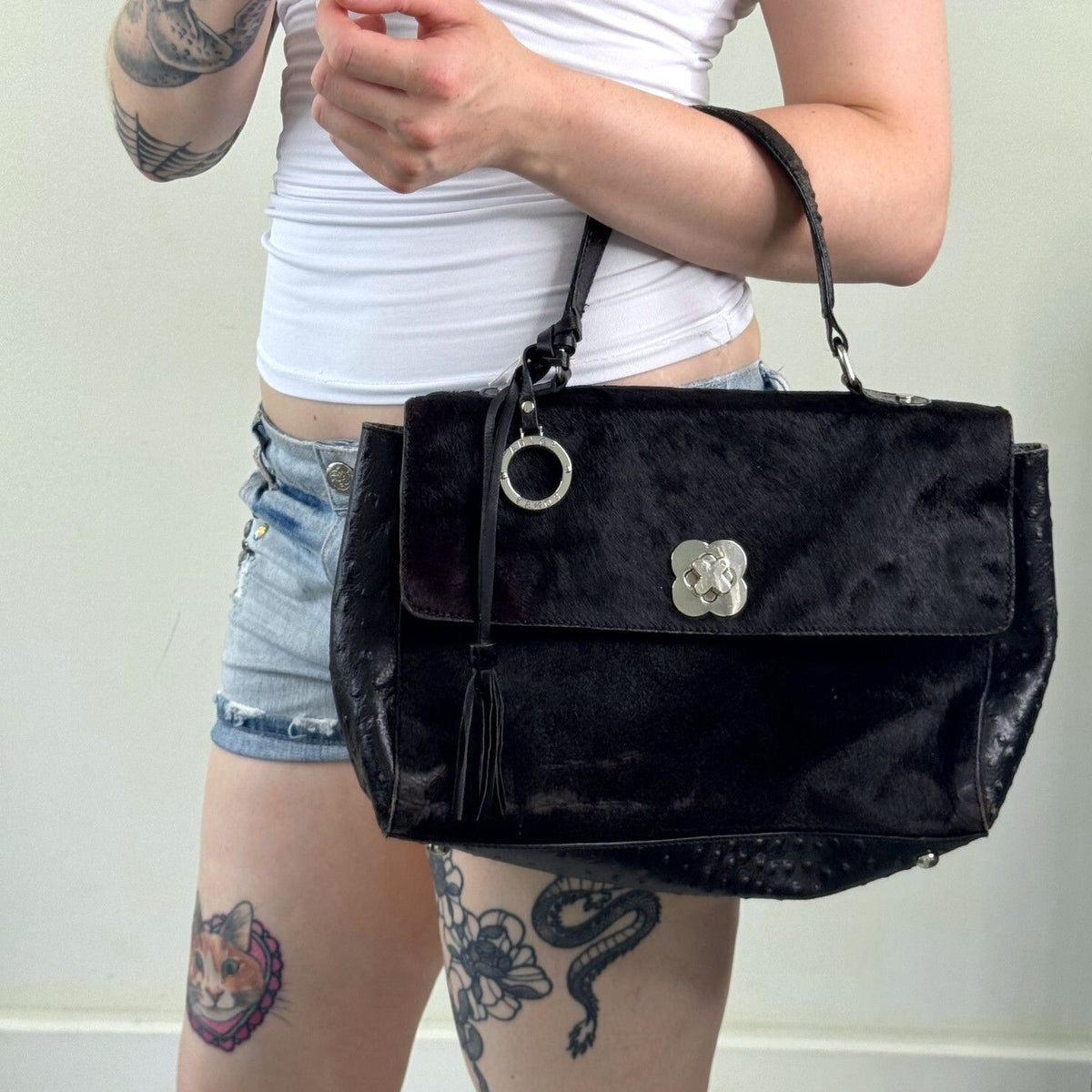 Y2K vintage pony hair handbag leather ostrich effect pattern fringe medium