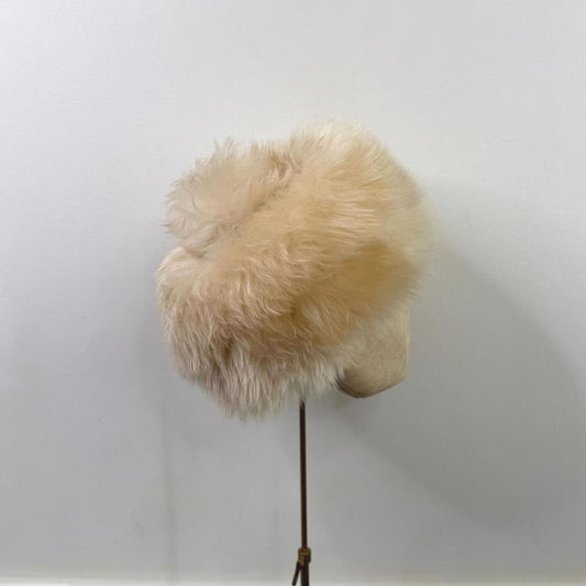 True vintage beret hat sheepskin fur wool bobble cream satin lined
