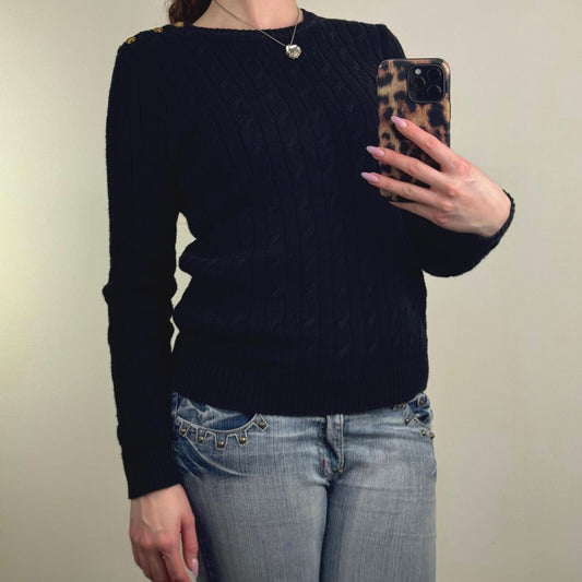 Lauren Ralph Lauren jumper cable knit button high round neck black knitted