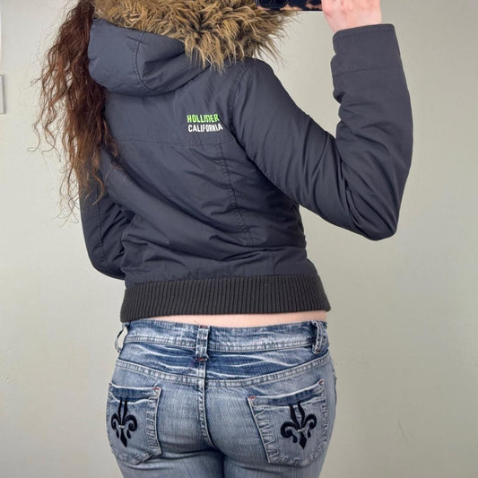 Y2K vintage Hollister bomber jacket faux fur hood high neck zip up