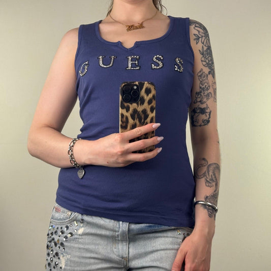 Y2K vintage Guess tank top ribbed rhinestone sequin v neck blue embroidered