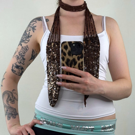 Y2K vintage sequin scarf skinny thin mesh brown embellished brown sheer boho