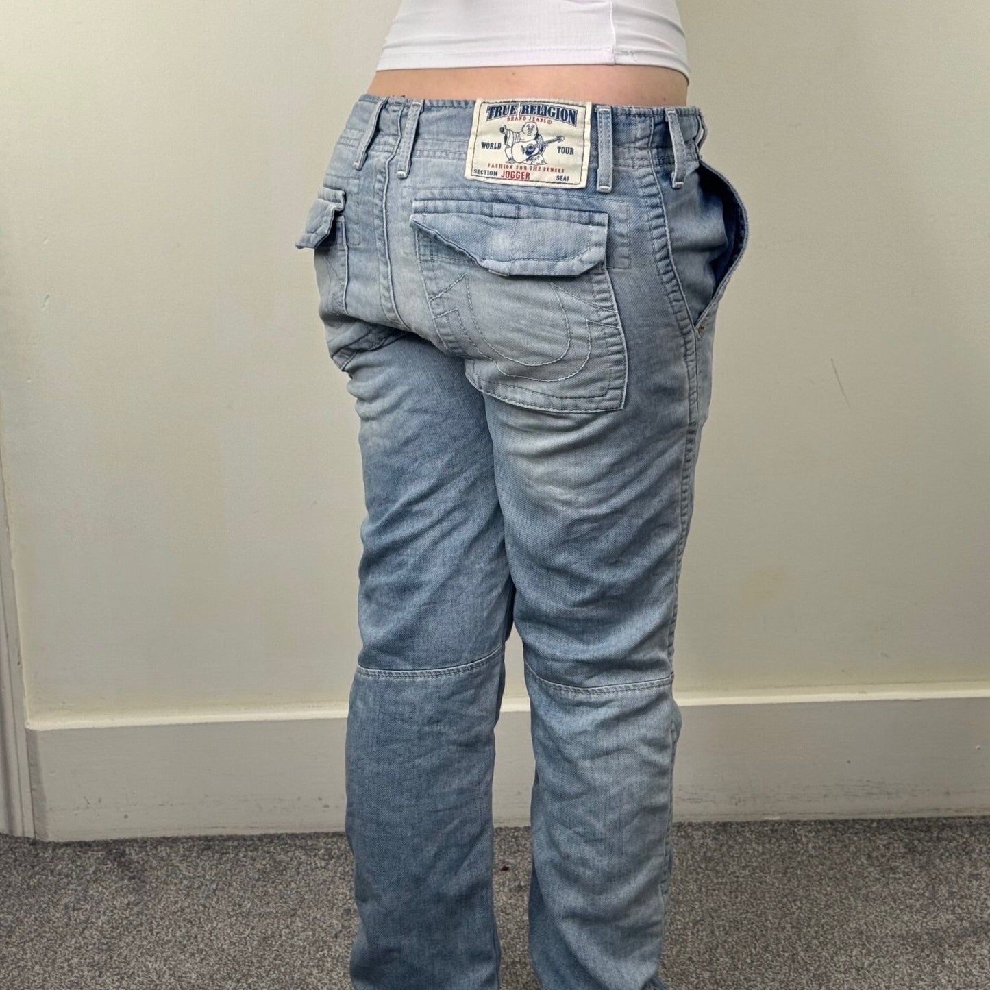 Y2K vintage True Religion denim joggers tracksuit bottoms drawstring light blue