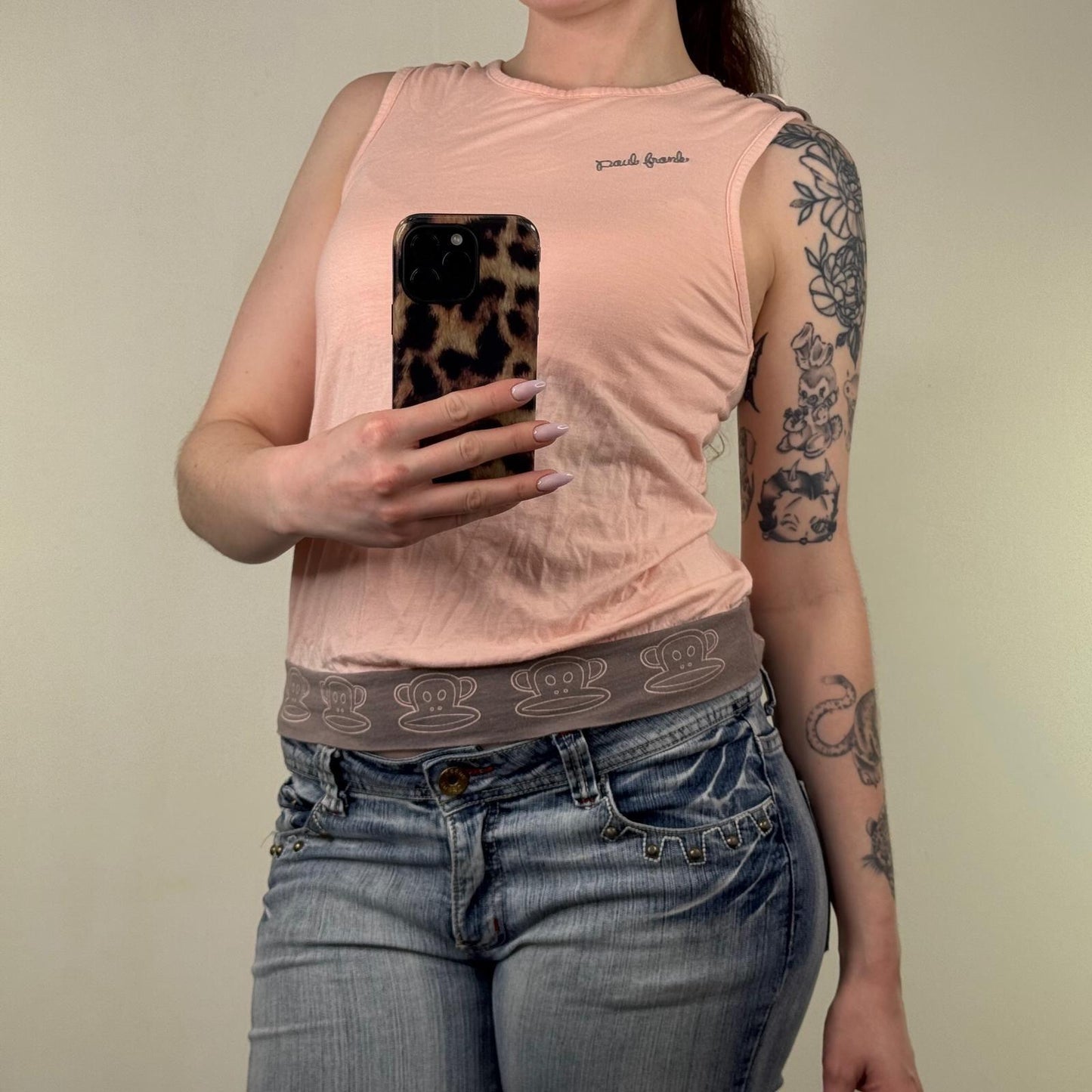 Y2K vintage Paul Frank tank sleeveless top baby pink buttons brown