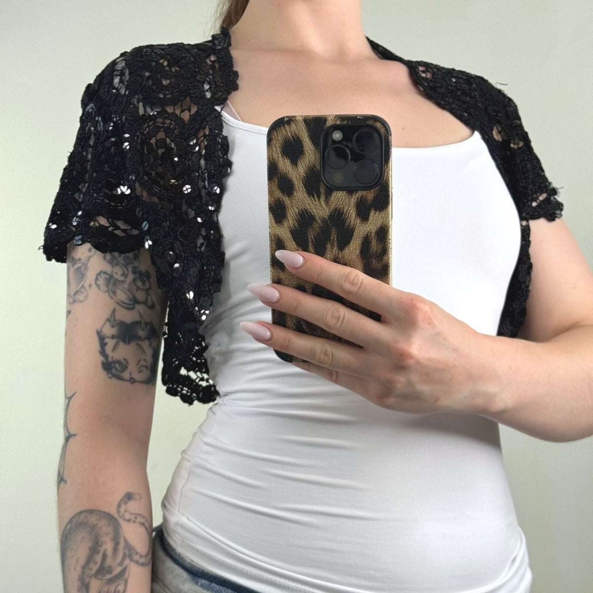 Y2K vintage Bay crochet cardigan crop sequin short sleeve bolero sheer knit
