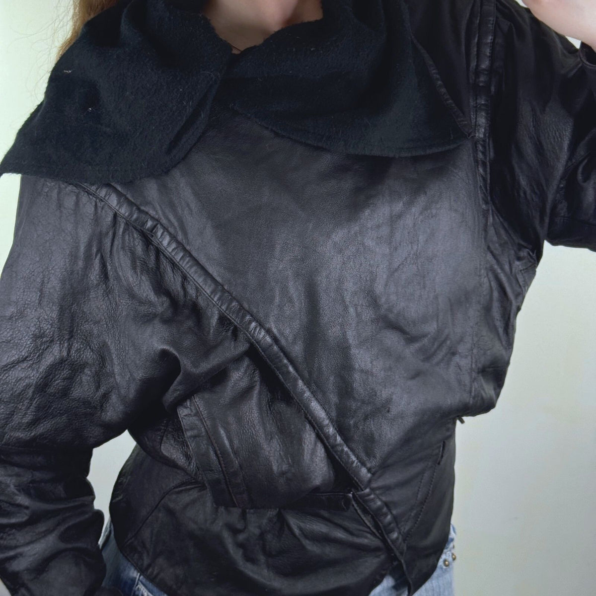 Vintage Genuine Leather Batwing Wrap Jacket Oversized Cowl Collar Statement 80s