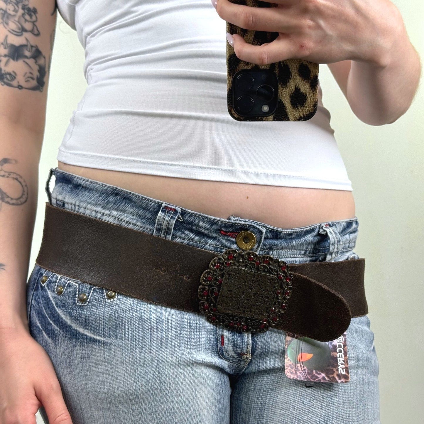Y2K vintage genuine leather belt chunky rhinestone buckle red brown boho