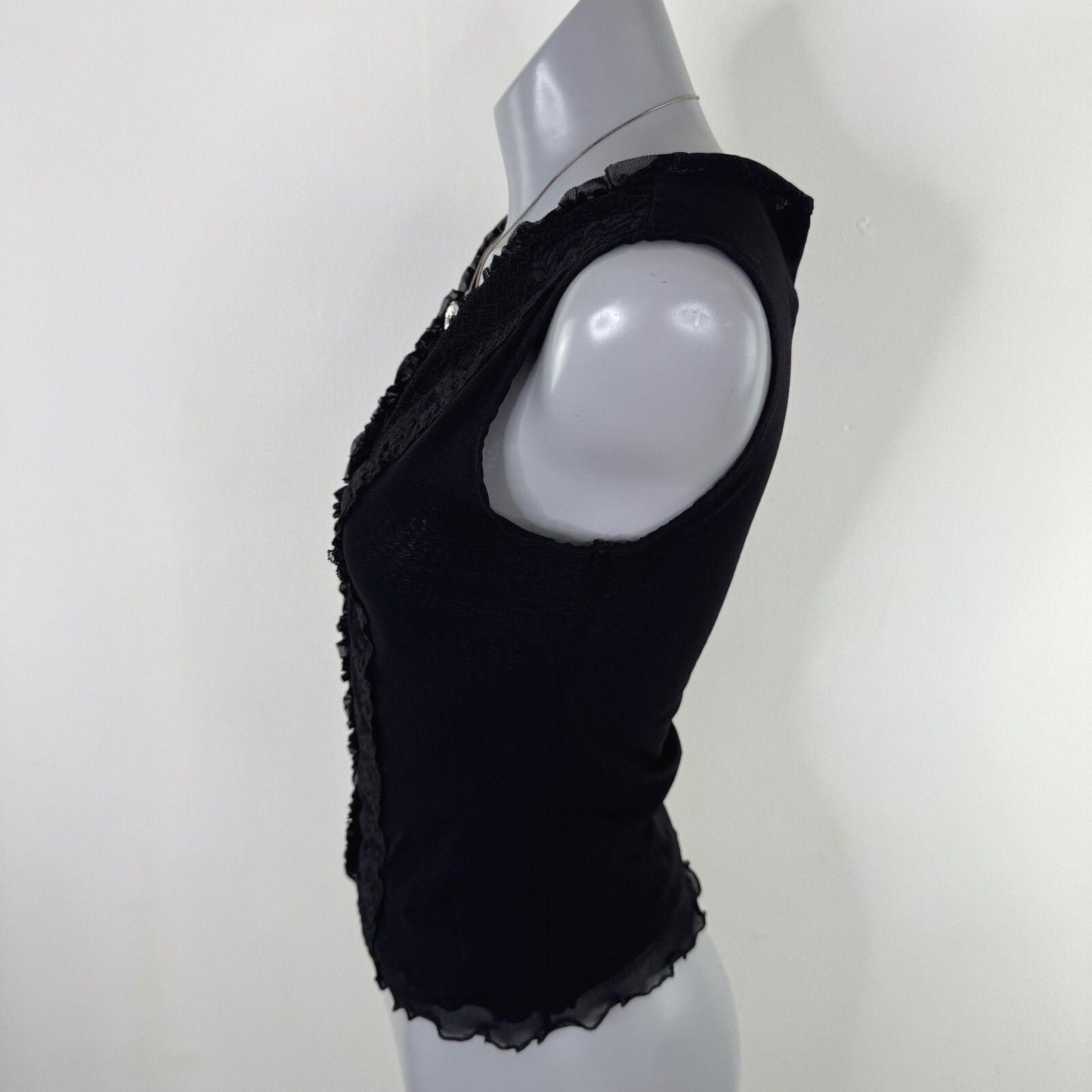 Y2K vintage tank top mesh lace stretchy ruffle double layer v neck