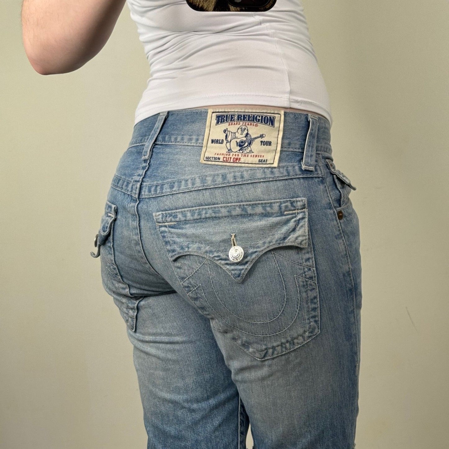 Y2K vintage True Religion capri jeans denim cropped light blue turned hem