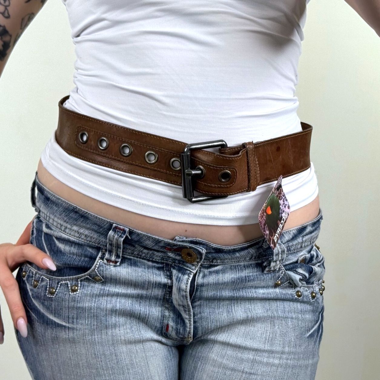Y2K vintage real belt leather grommet square buckle brown