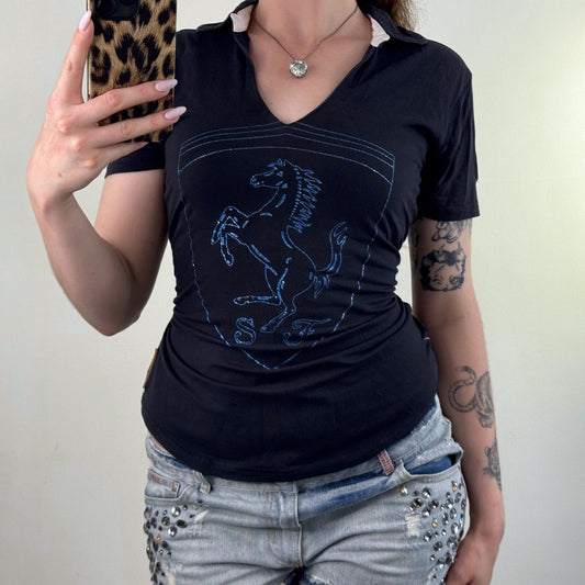 Y2K vintage Ferrari t-shirt short sleeve top graphic print sparkly v neck collar