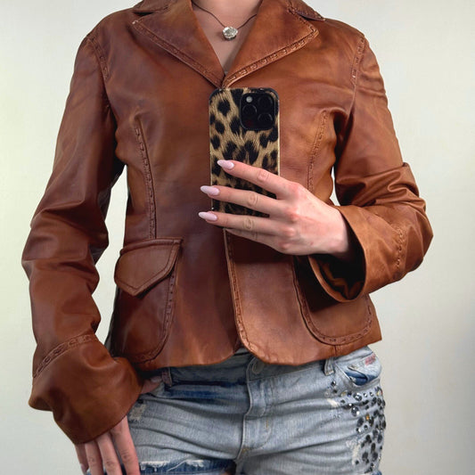 Y2K vintage genuine leather jacket button faded whipstitch burnished tan blazer