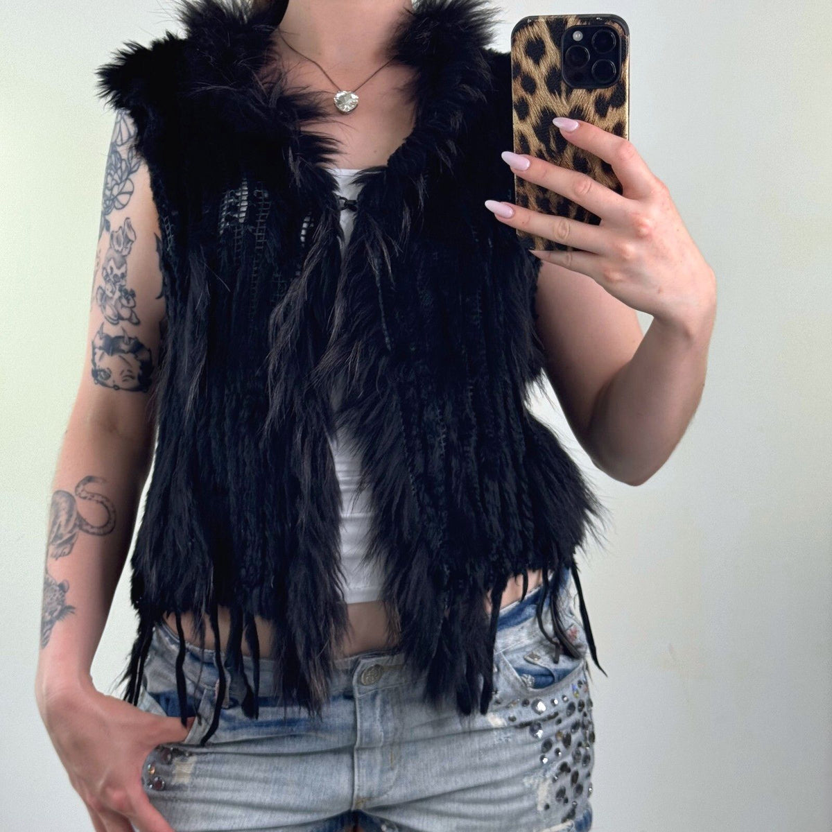 Vintage rabbit/ marmot gilet genuine fur collar trim sleeveless jacket black