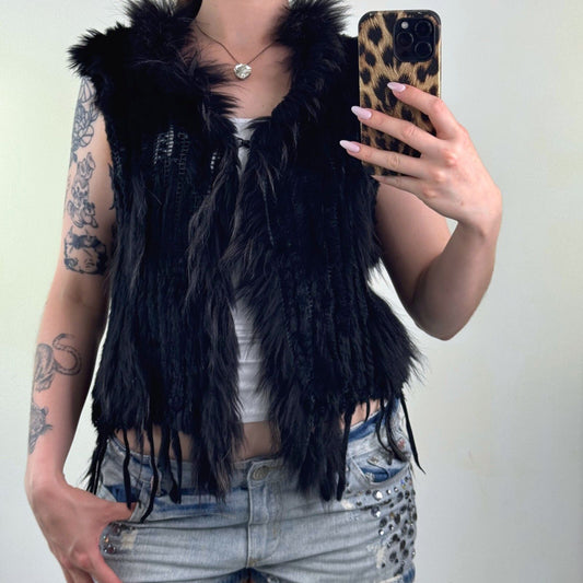 Vintage rabbit/ marmot gilet genuine fur collar trim sleeveless jacket black