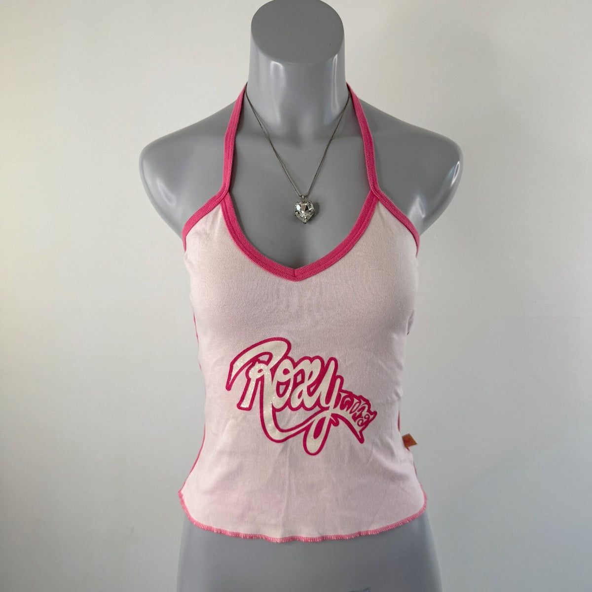 Y2K vintage Roxy halter top v neck sparkly pink two tone bow sporty logo