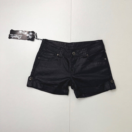Y2K vintage denim mini shorts low rise stretchy turned up shiny look