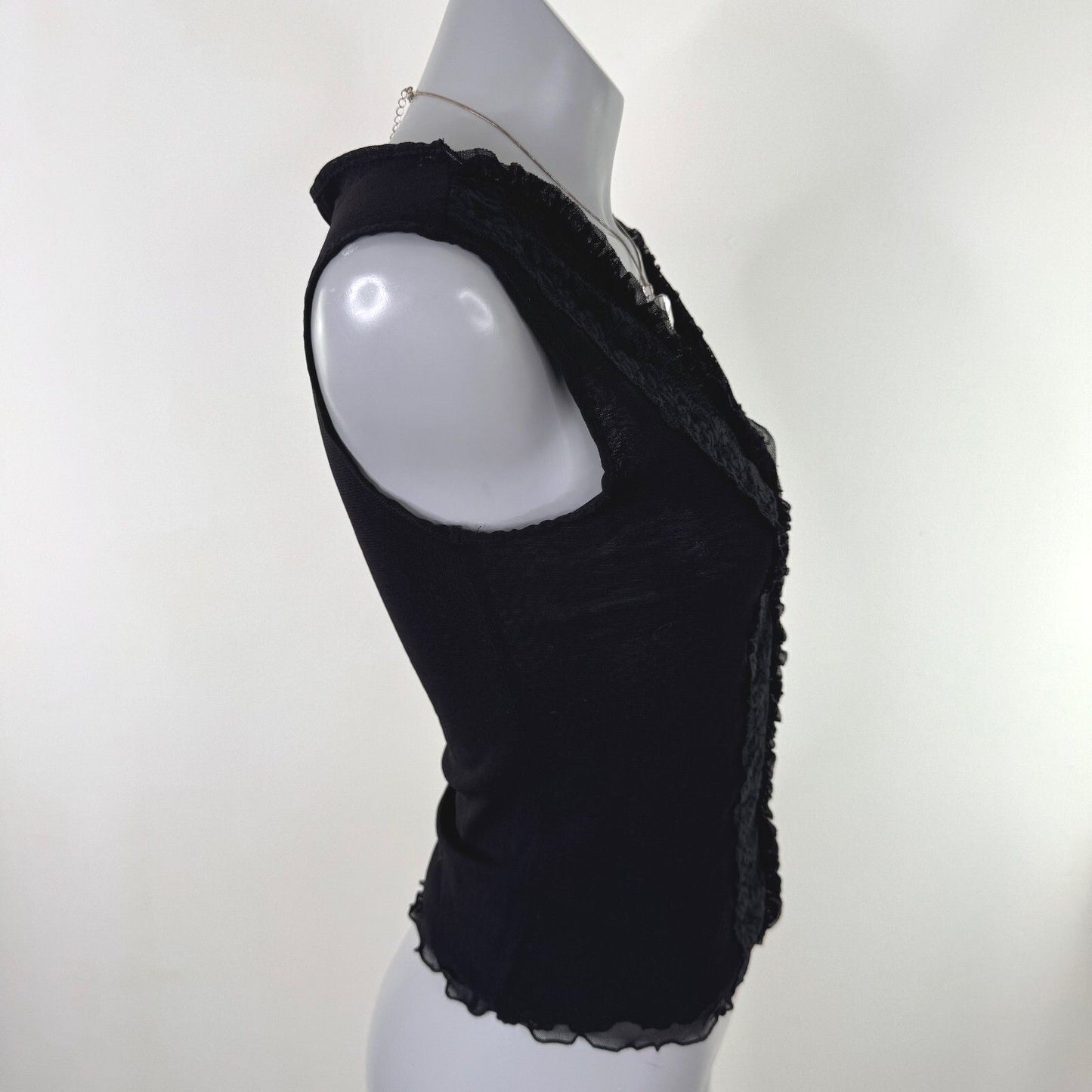 Y2K vintage tank top mesh lace stretchy ruffle double layer v neck