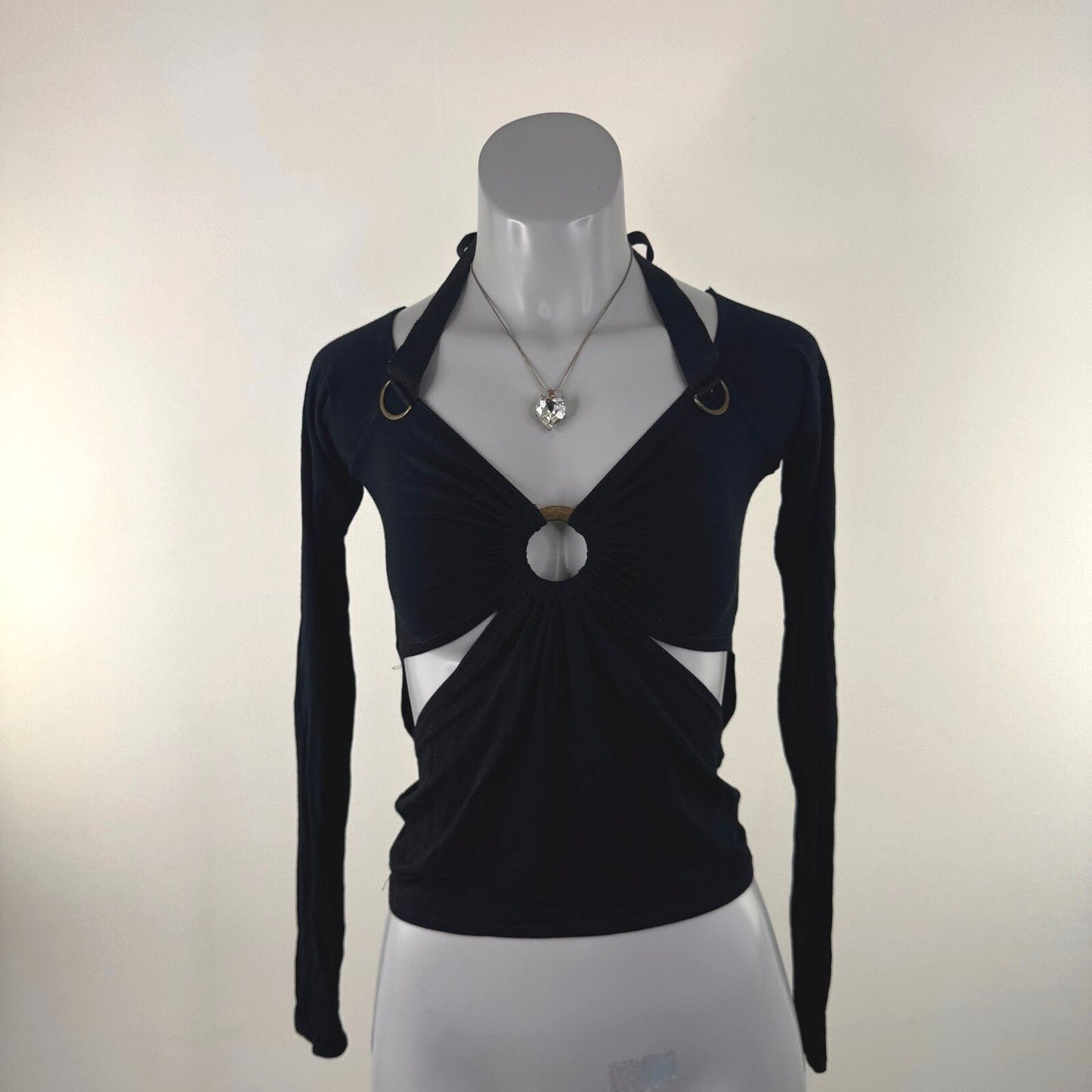 Y2K vintage long sleeve top cut out o ring halter neck v neck low cut