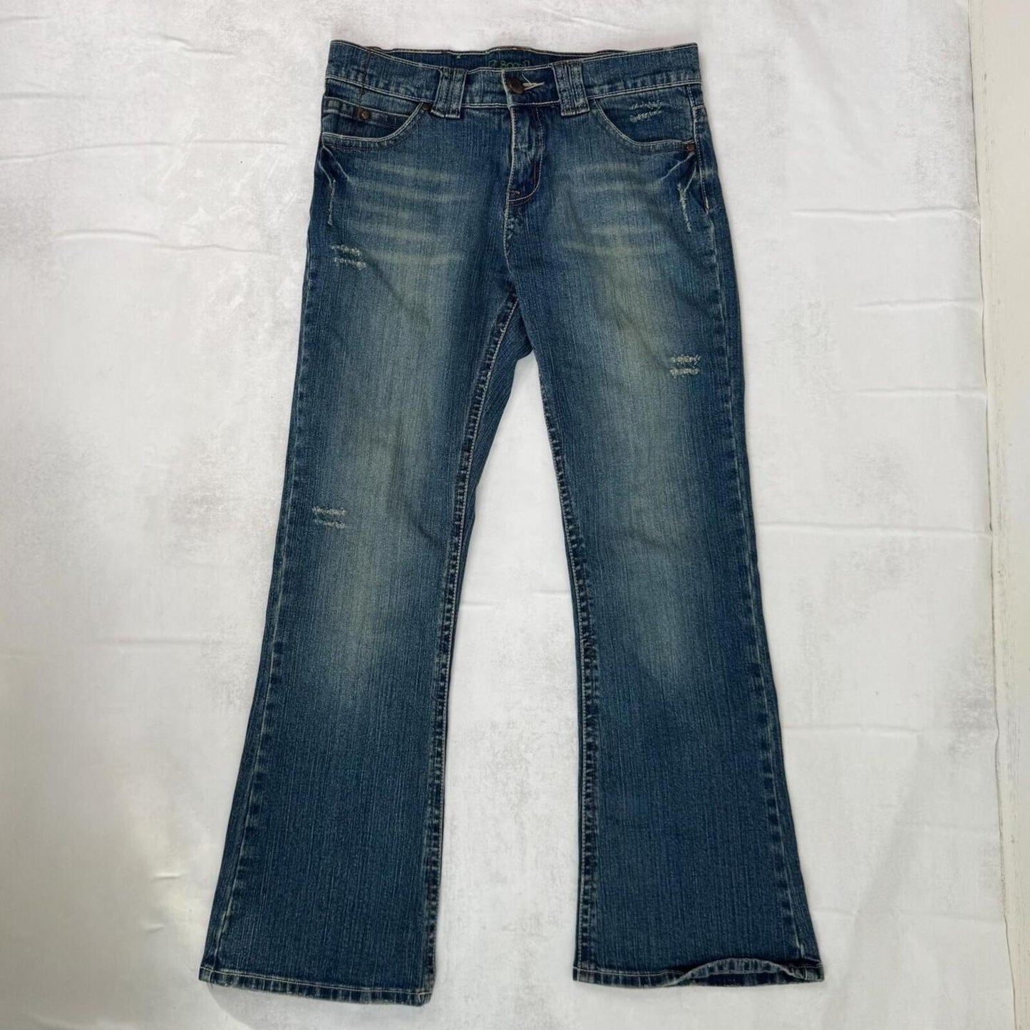 Y2K vintage bootcut denim jeans mid rise faded dirty wash distressed blue