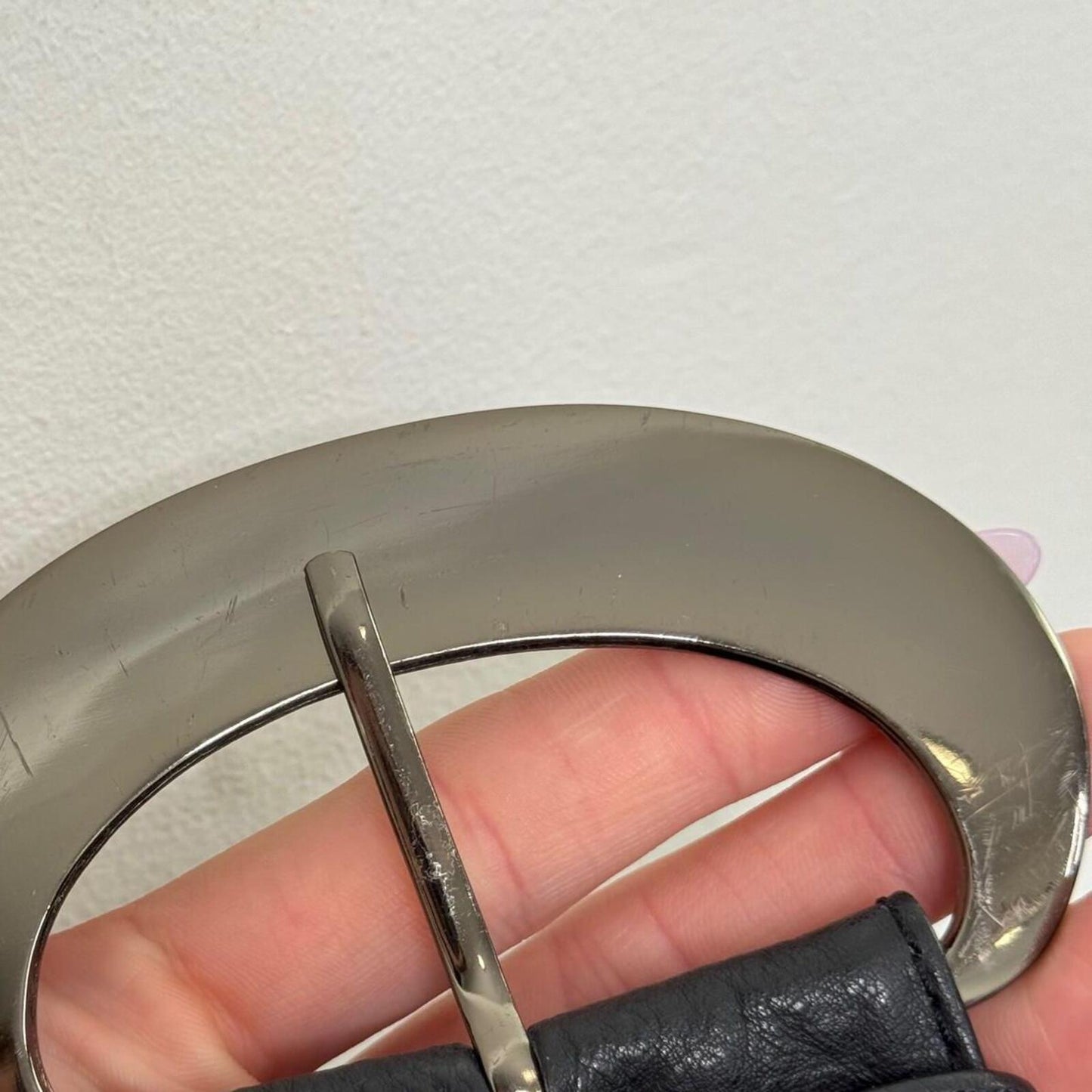 Y2K vintage genuine leather belt buckle silver black chunky oversized