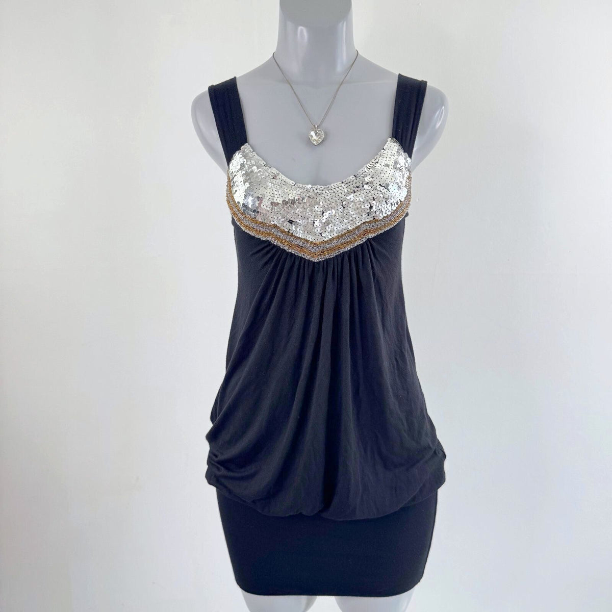 Y2K vintage mini dress peplum slouchy boho sequin beaded ruched clubbing black