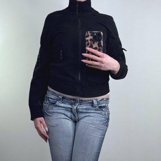 Y2K vintage bomber jacket zip up high neck slight crop short elastic waistband