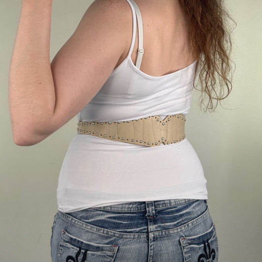 Vintage genuine leather belt studded western cream silver
