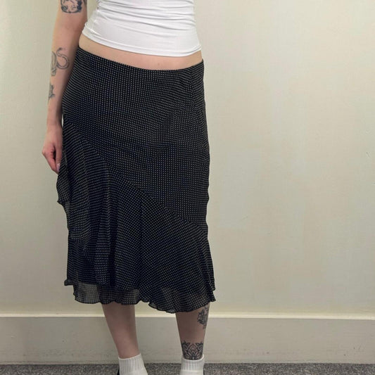 Y2K vintage midi skirt polka dot ruffle overlay floaty flowy summer black white