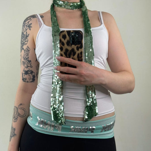 Y2K vintage sequin scarf skinny thin light green mesh