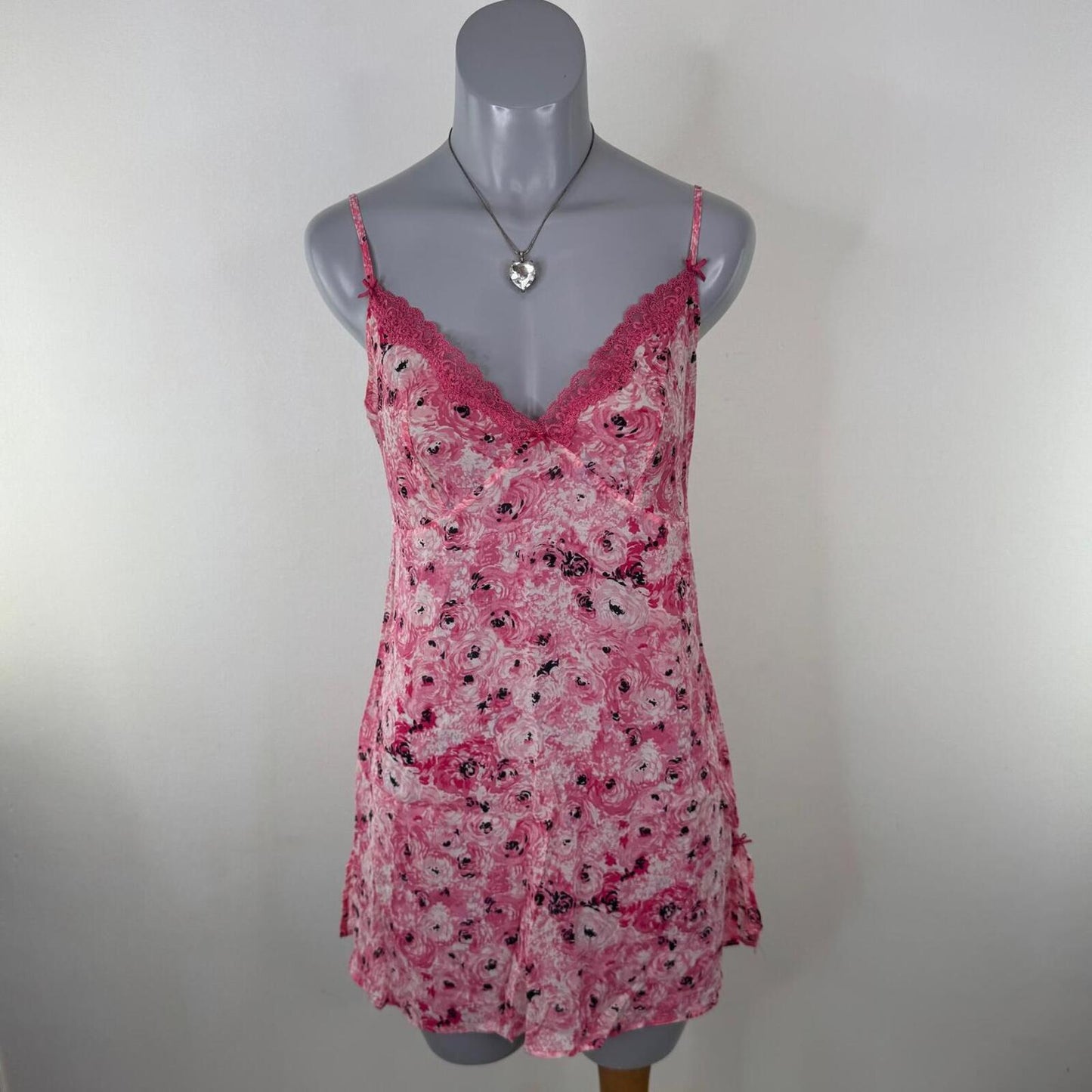 Y2K vintage silk chemise night dress floral mini short stretchy lace trim bow