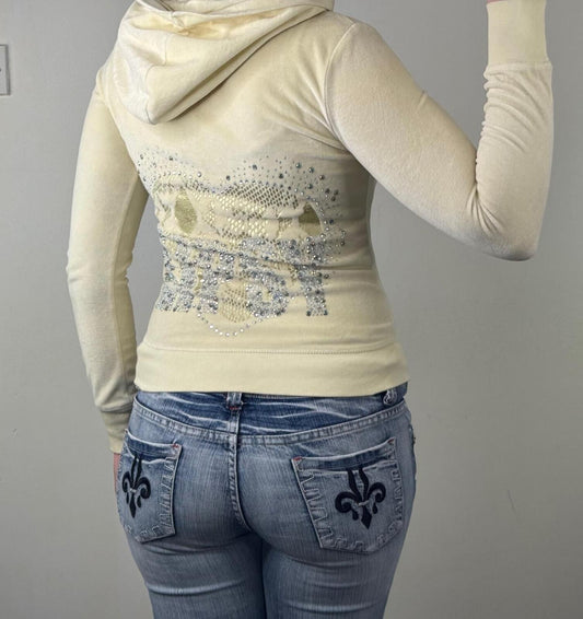 Y2K vintage Lipsy hoodie velour rhinestone pale yellow snake print heart fitted