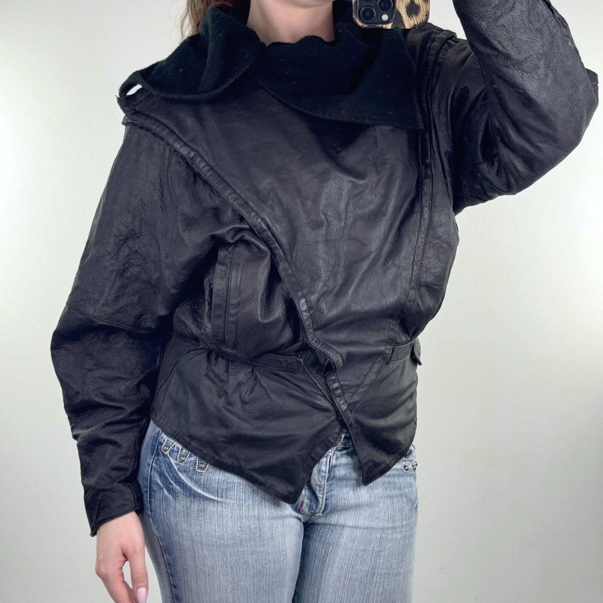 Vintage Genuine Leather Batwing Wrap Jacket Oversized Cowl Collar Statement 80s
