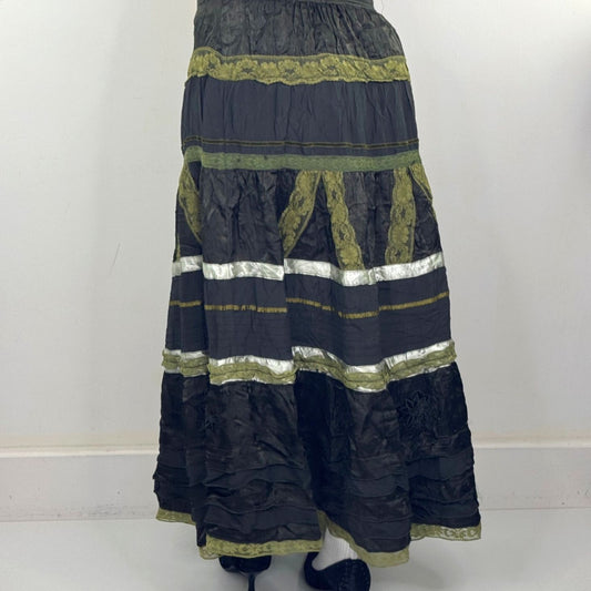 Y2K vintage maxi skirt boho patchwork lace tiered a line dark green