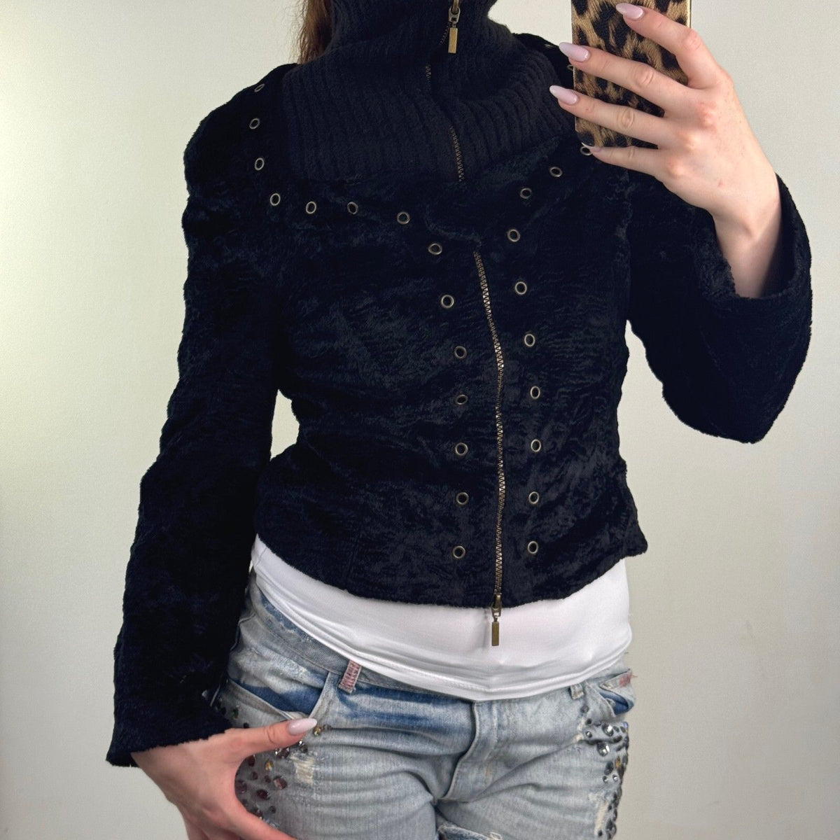 Y2K vintage bomber jacket zip up short grommet high neck knit faux fur archive