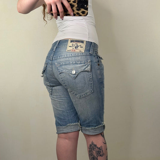 Y2K vintage True Religion capri jeans denim cropped light blue turned hem