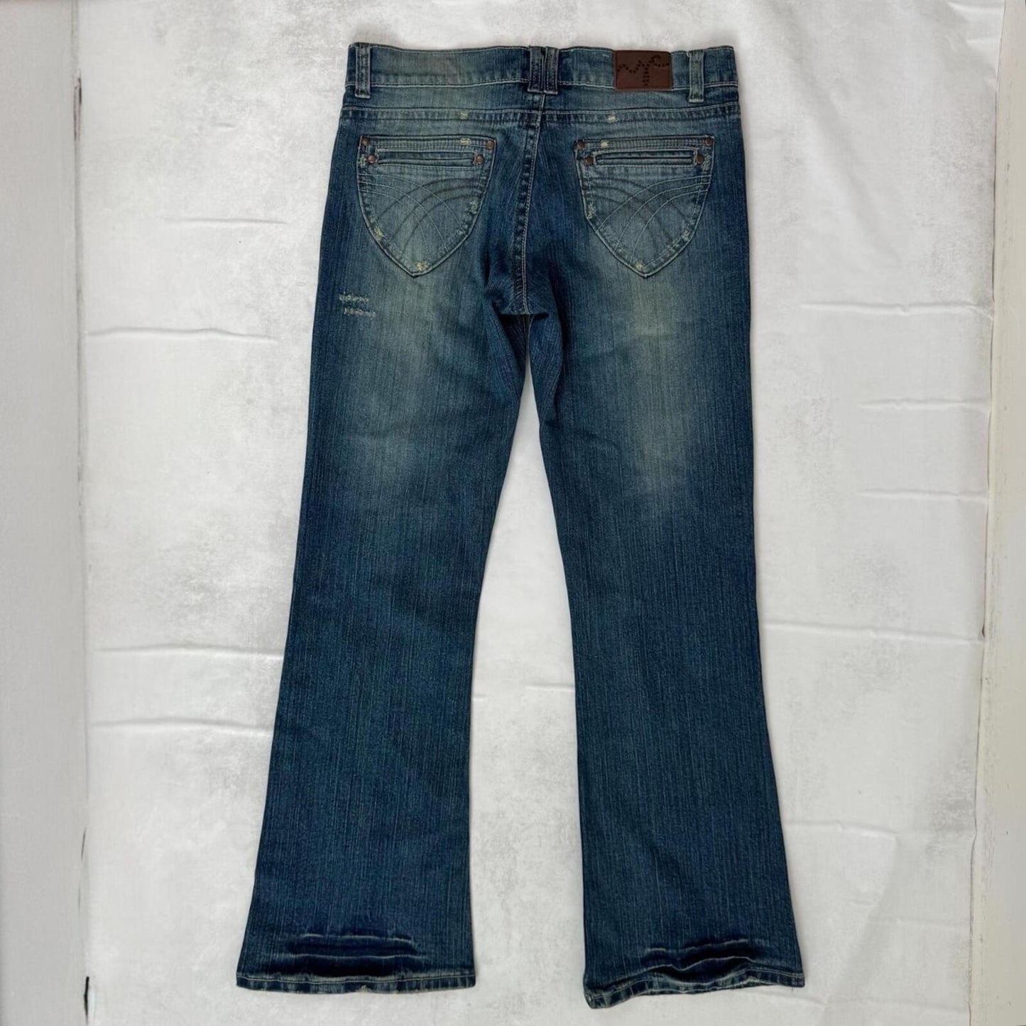 Y2K vintage bootcut denim jeans mid rise faded dirty wash distressed blue