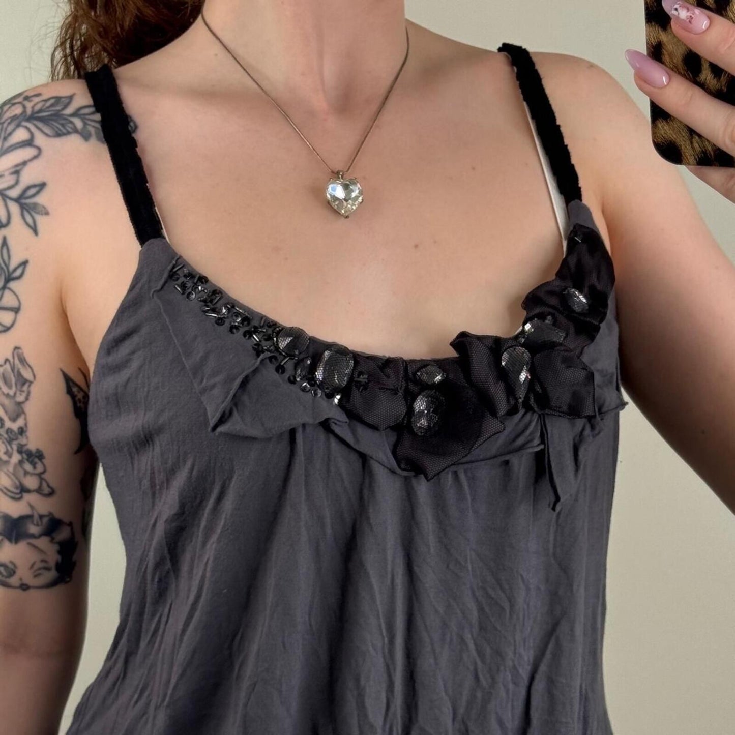 Y2K vintage cami top peplum baggy rhinestone mesh strappy ruffle grey stretchy